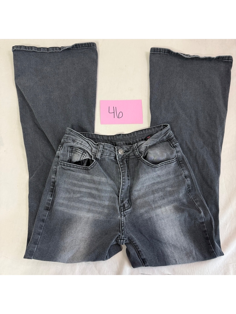 Romwe Medium Gray Embroidered Bootcut Jeans with Rhinestone Detail